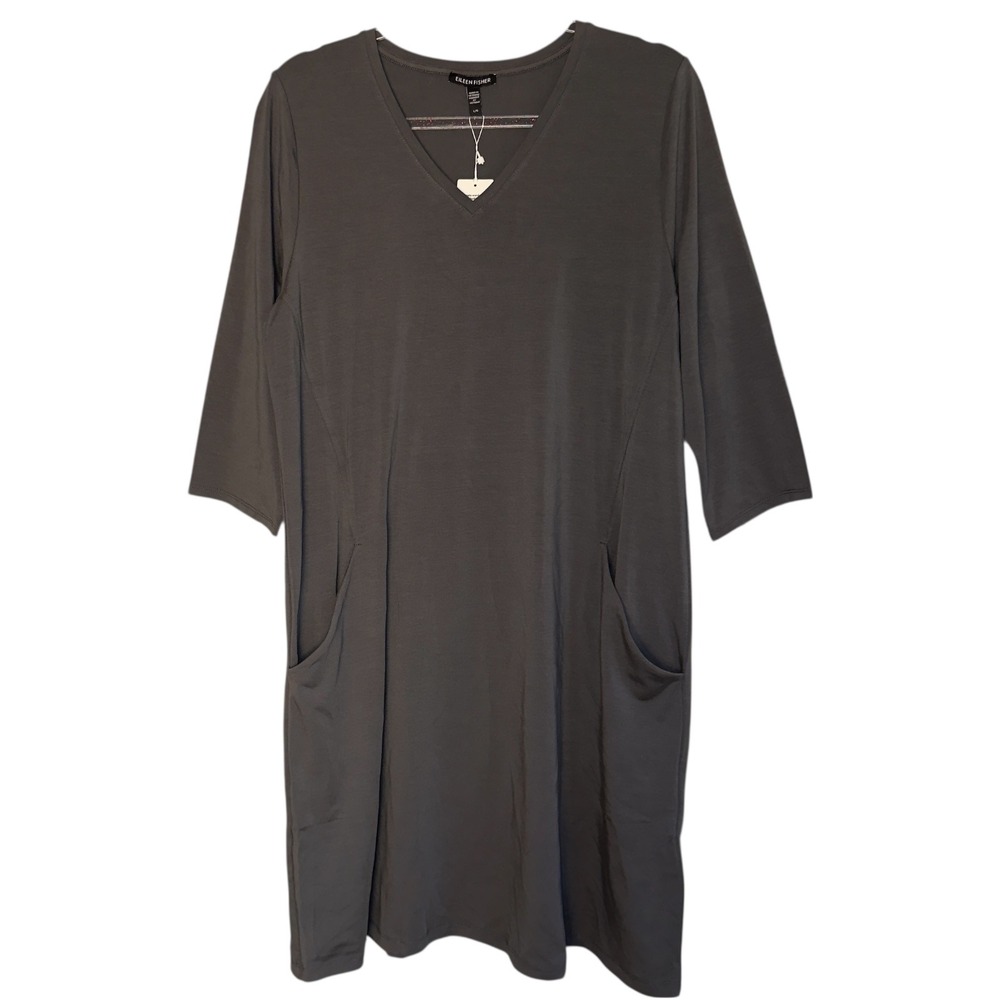 Eileen Fisher XL A-line V-Neck Gray Stretch Jersey Knit Dress Pockets NWT